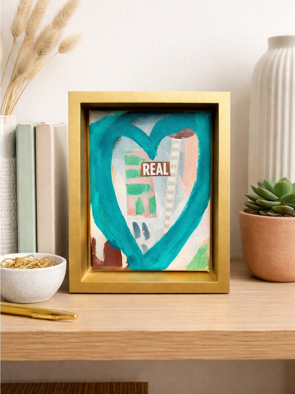 Framed 'Real Love’ original art - by artist in Teal and Gold - Home Art